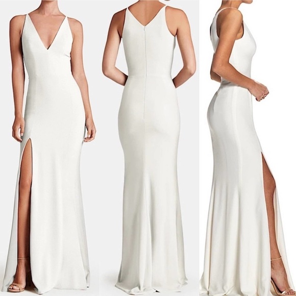 DRESS THE POPULATION Iris Slit Plunge White Gown Dress - Picture 2 of 4